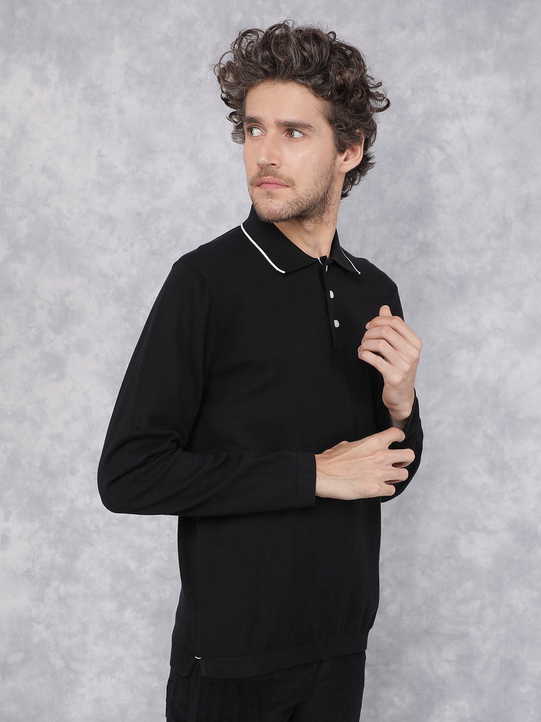 Black Polo Neck Knitted Long Sleeves T-Shirt-Men T-Shirts-Crimsoune Club