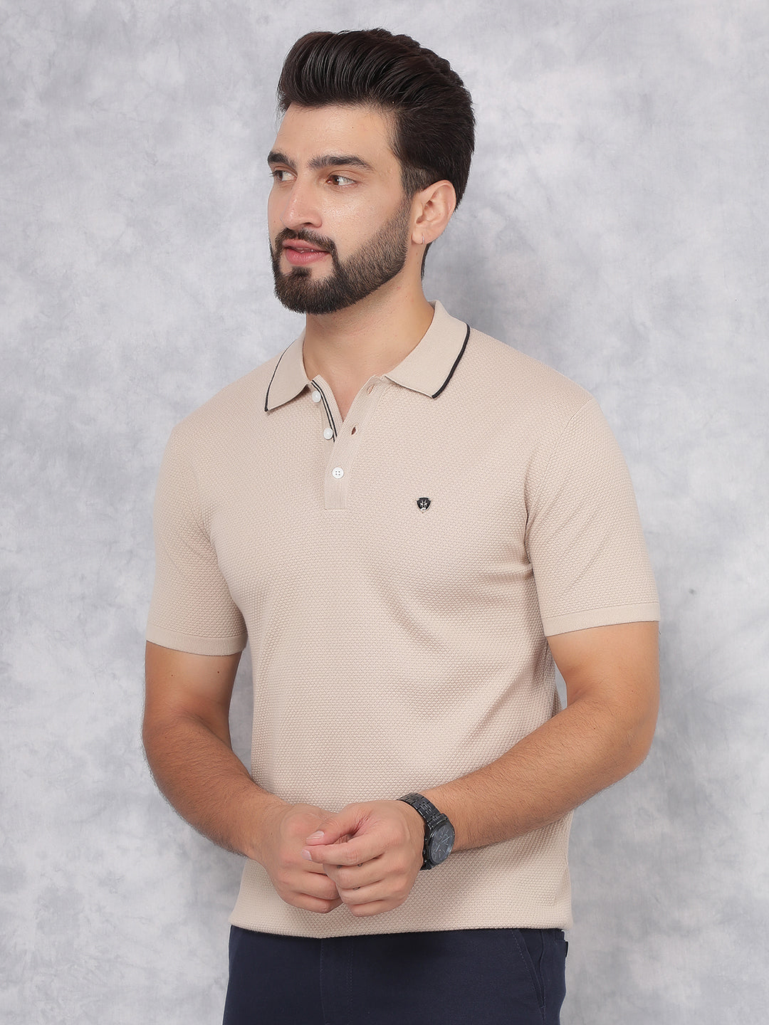 Beige Polo Neck Knitted T-Shirt-Men T-Shirts-Crimsoune Club