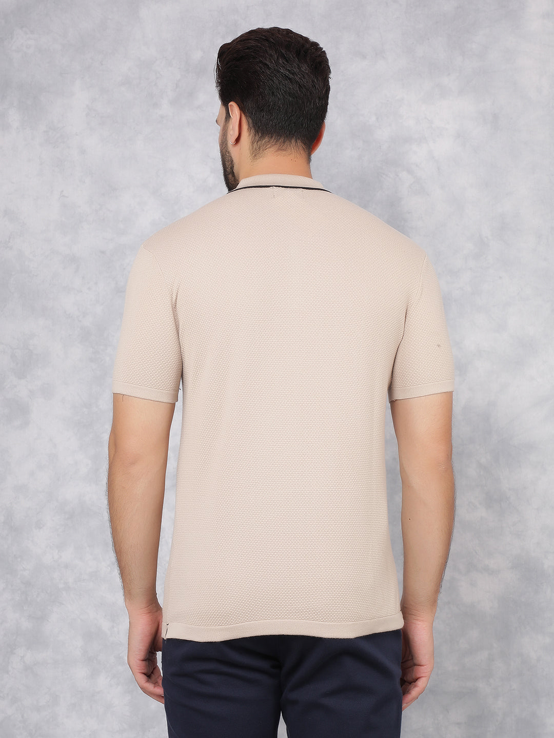 Beige Polo Neck Knitted T-Shirt-Men T-Shirts-Crimsoune Club