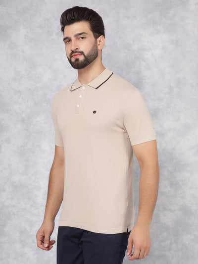 Beige Polo Neck Knitted T-Shirt-Men T-Shirts-Crimsoune Club