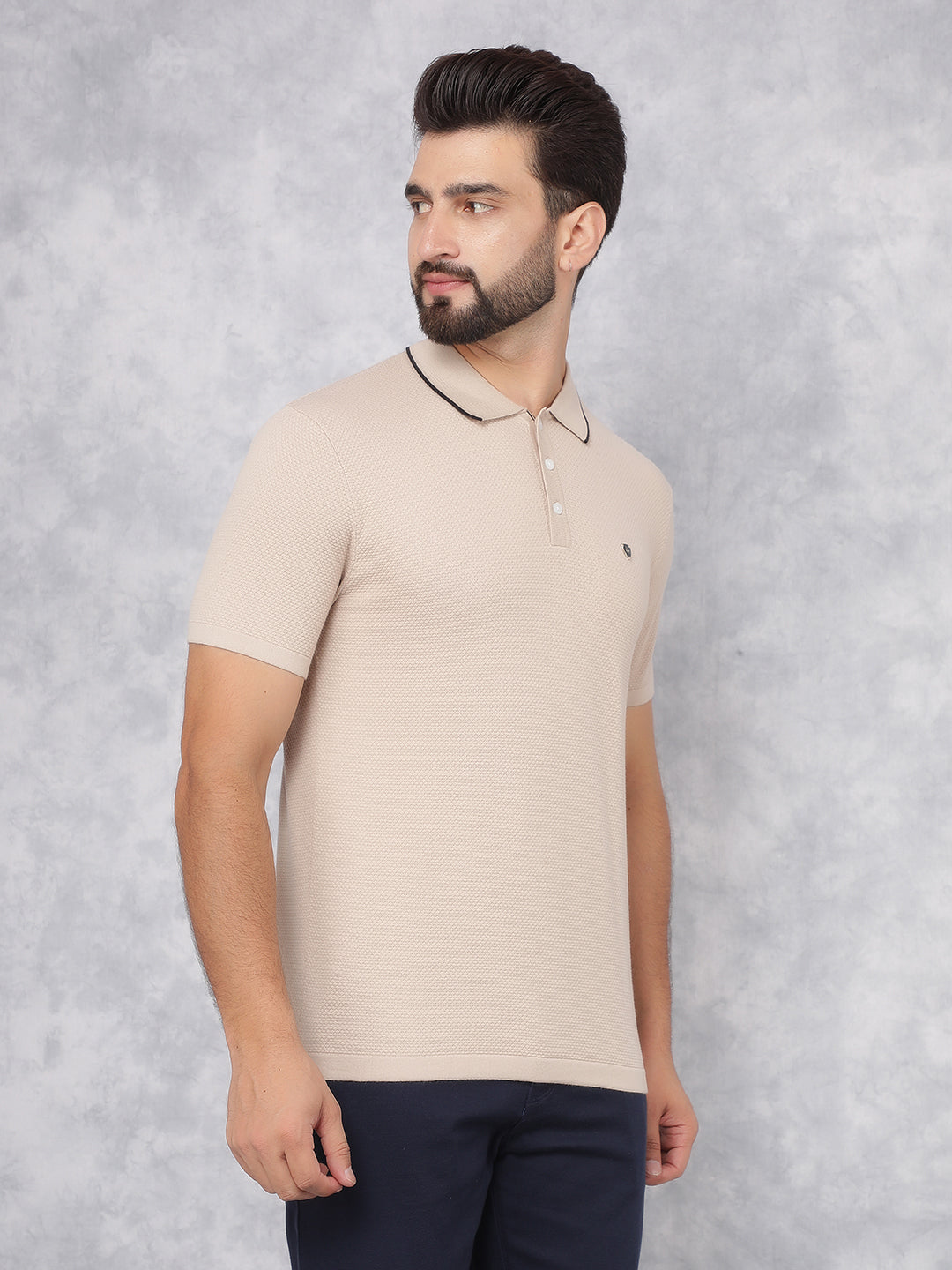 Beige Polo Neck Knitted T-Shirt-Men T-Shirts-Crimsoune Club