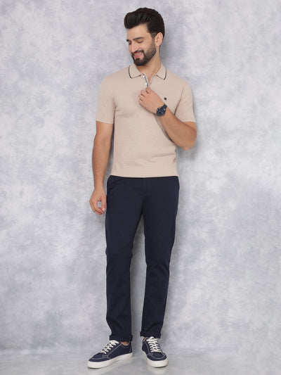 Beige Polo Neck Knitted T-Shirt-Men T-Shirts-Crimsoune Club