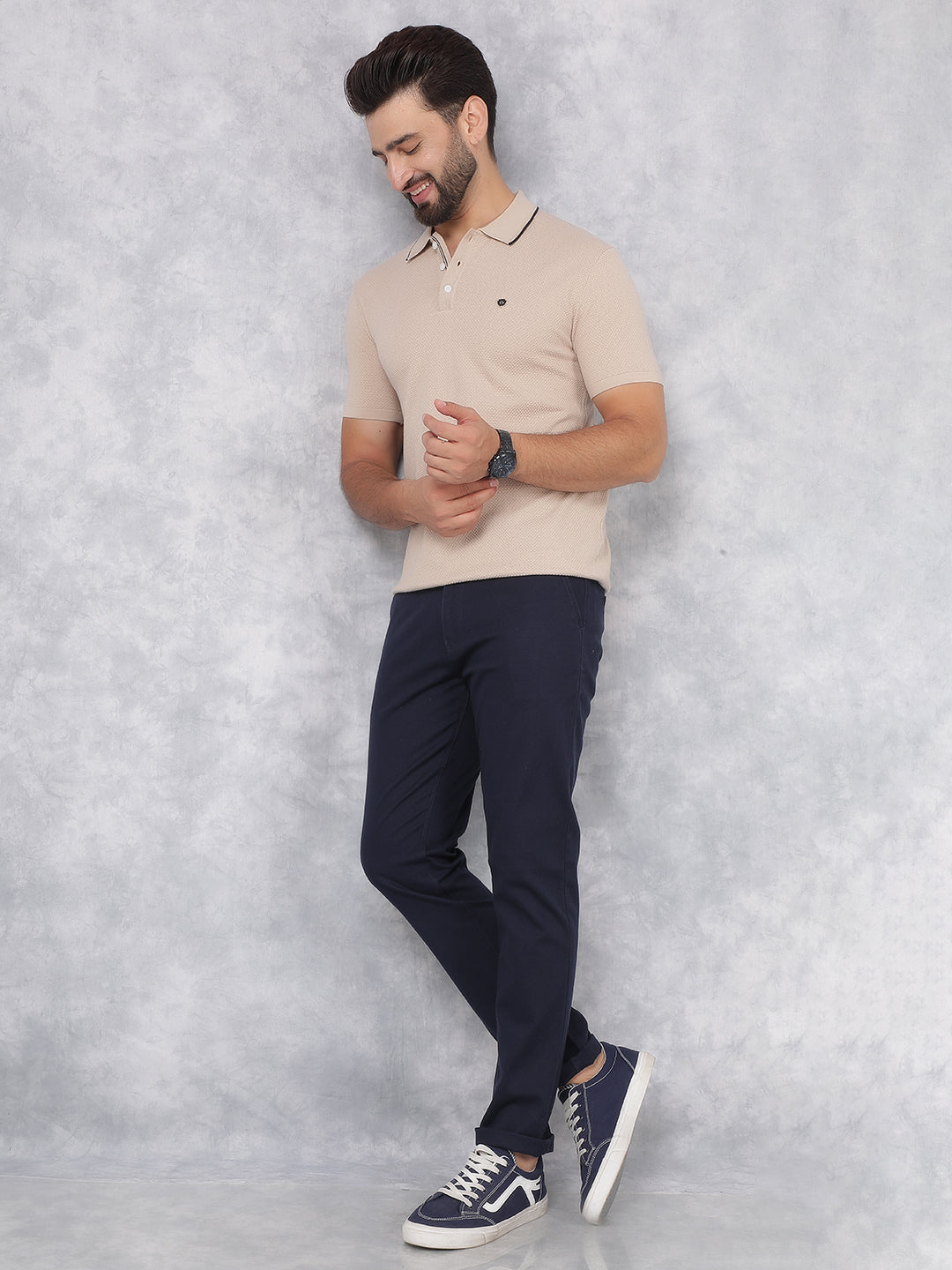 Beige Polo Neck Knitted T-Shirt-Men T-Shirts-Crimsoune Club