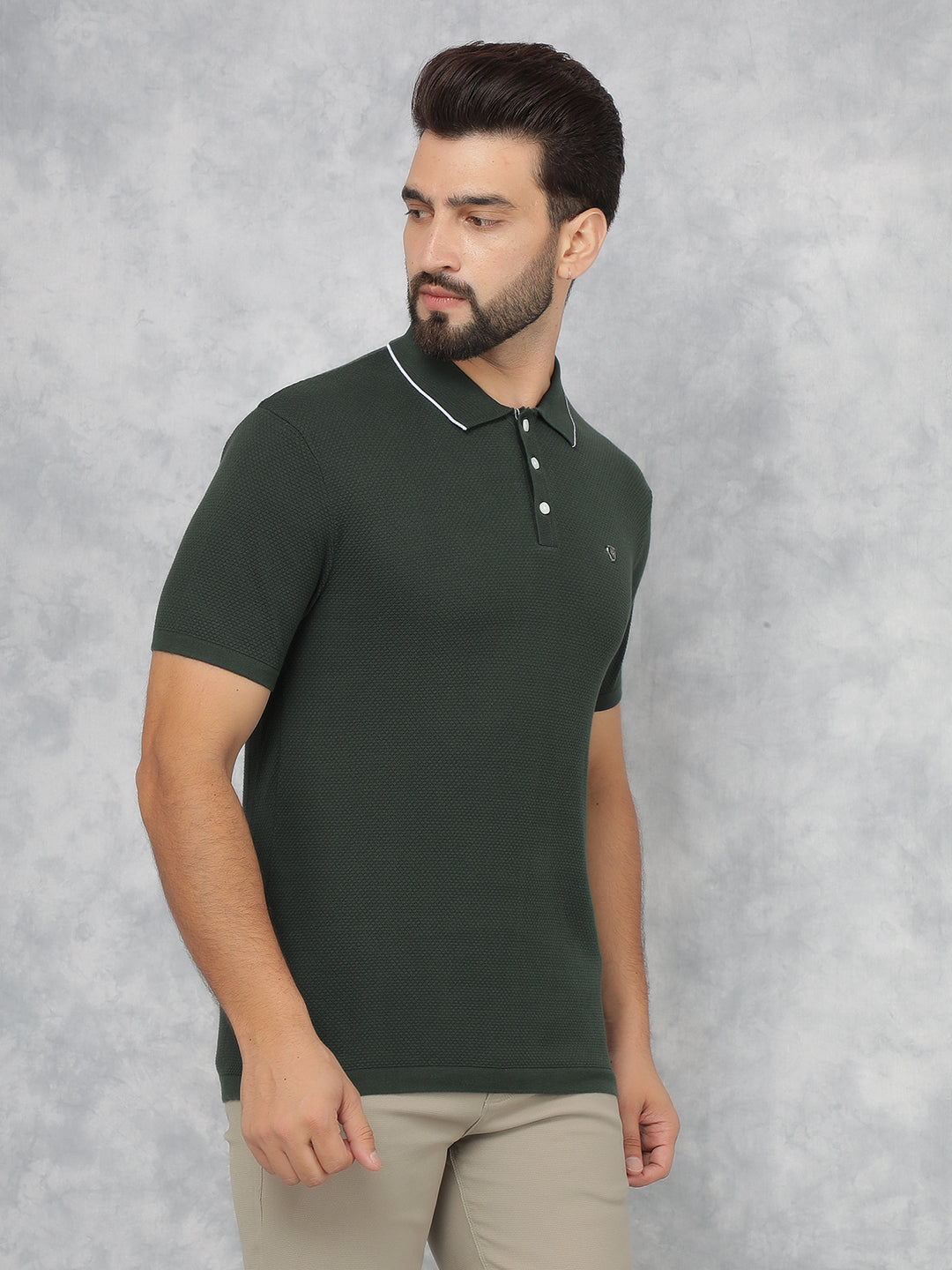 Green Polo Neck Knitted T-Shirt-Men T-Shirts-Crimsoune Club