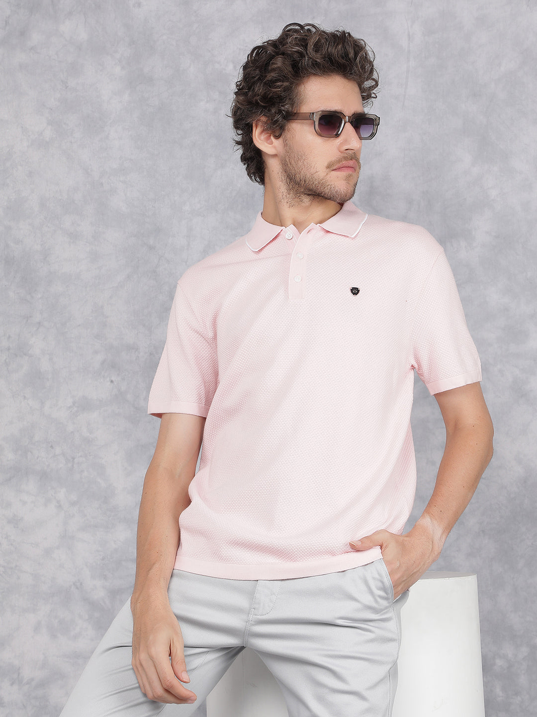 Pink Polo Neck Knitted T-Shirt-Men T-Shirts-Crimsoune Club