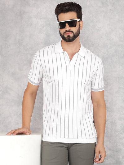 Grey Vertical Striped Polo Neck T-Shirt-Men T-Shirts-Crimsoune Club