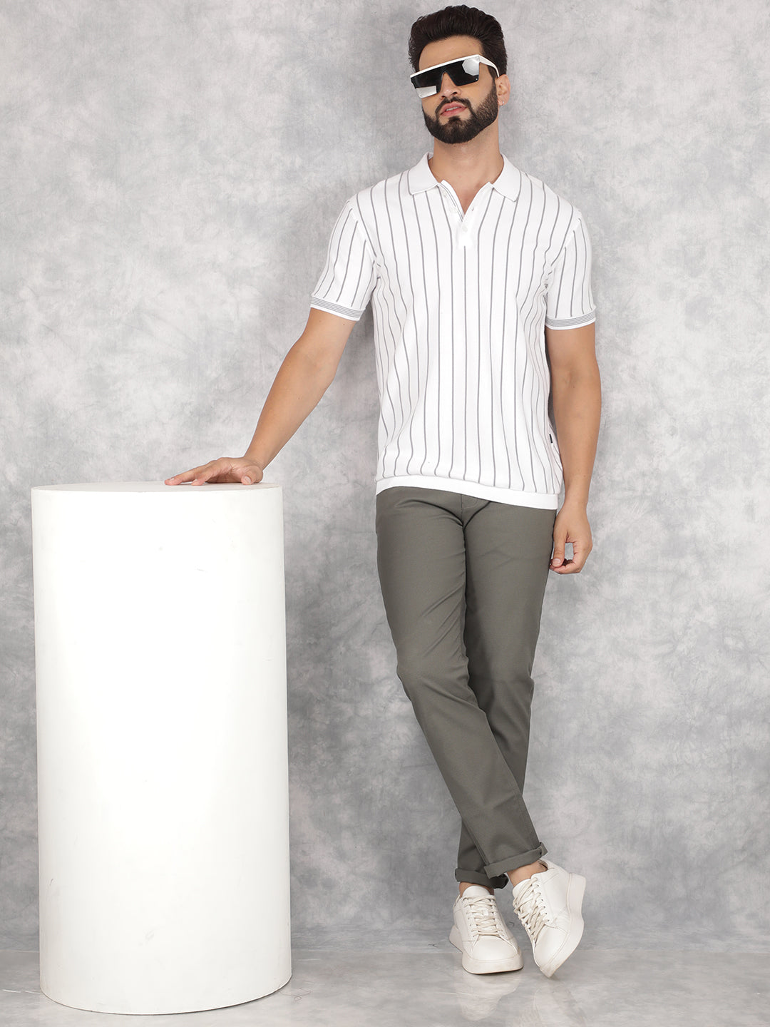 Grey Vertical Striped Polo Neck T-Shirt-Men T-Shirts-Crimsoune Club