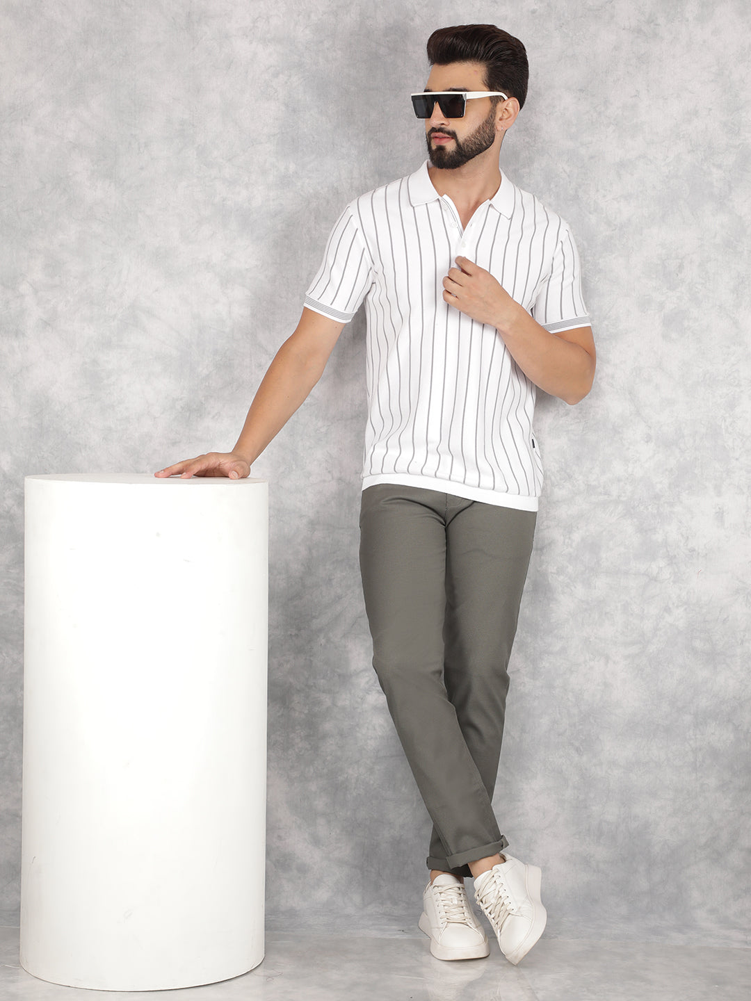 Grey Vertical Striped Polo Neck T-Shirt-Men T-Shirts-Crimsoune Club