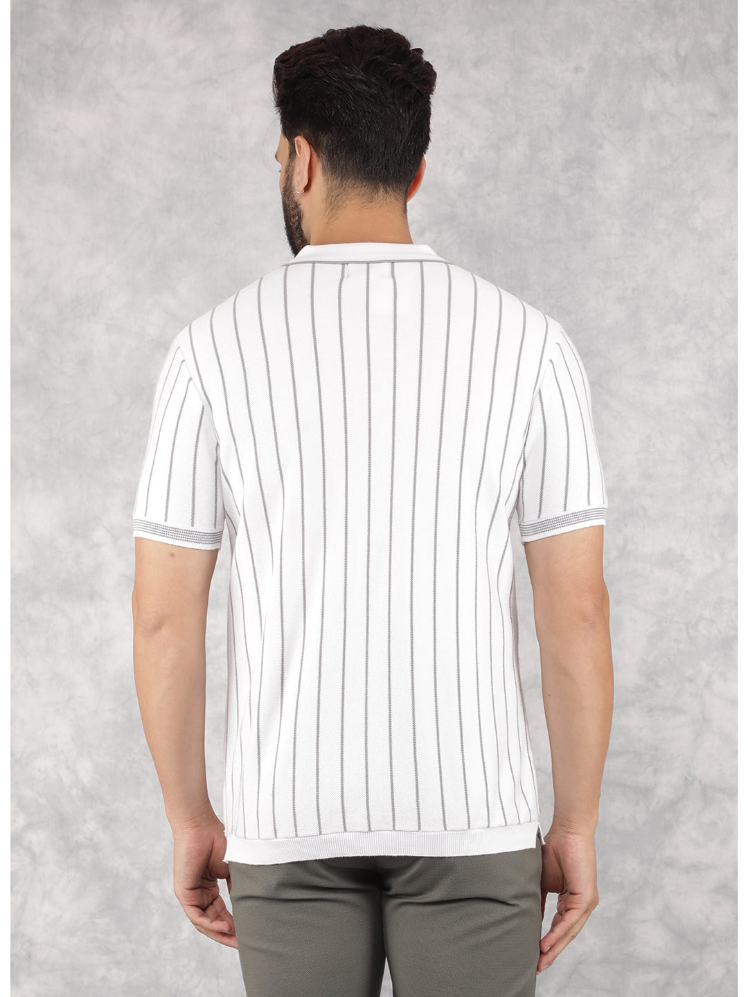 Grey Vertical Striped Polo Neck T-Shirt-Men T-Shirts-Crimsoune Club