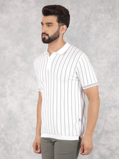 Grey Vertical Striped Polo Neck T-Shirt-Men T-Shirts-Crimsoune Club