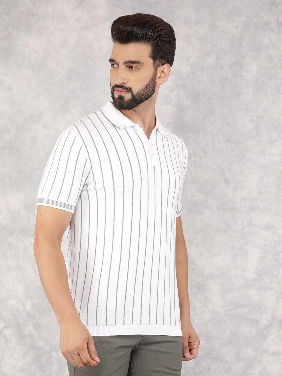 Grey Vertical Striped Polo Neck T-Shirt-Men T-Shirts-Crimsoune Club