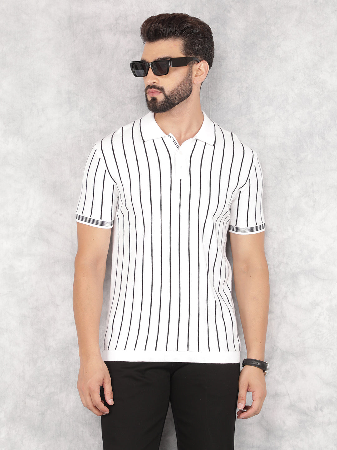 Black Vertical Striped Polo Neck T-Shirt-Men T-Shirts-Crimsoune Club