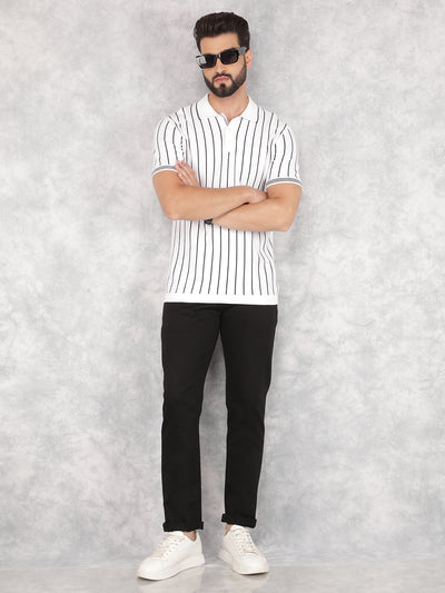 Black Vertical Striped Polo Neck T-Shirt-Men T-Shirts-Crimsoune Club