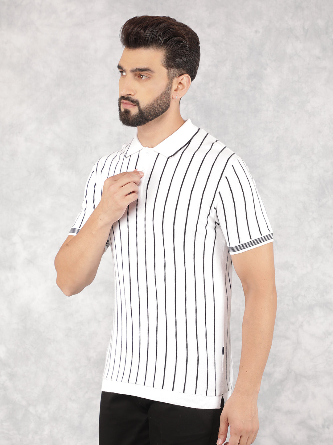 Black Vertical Striped Polo Neck T-Shirt-Men T-Shirts-Crimsoune Club