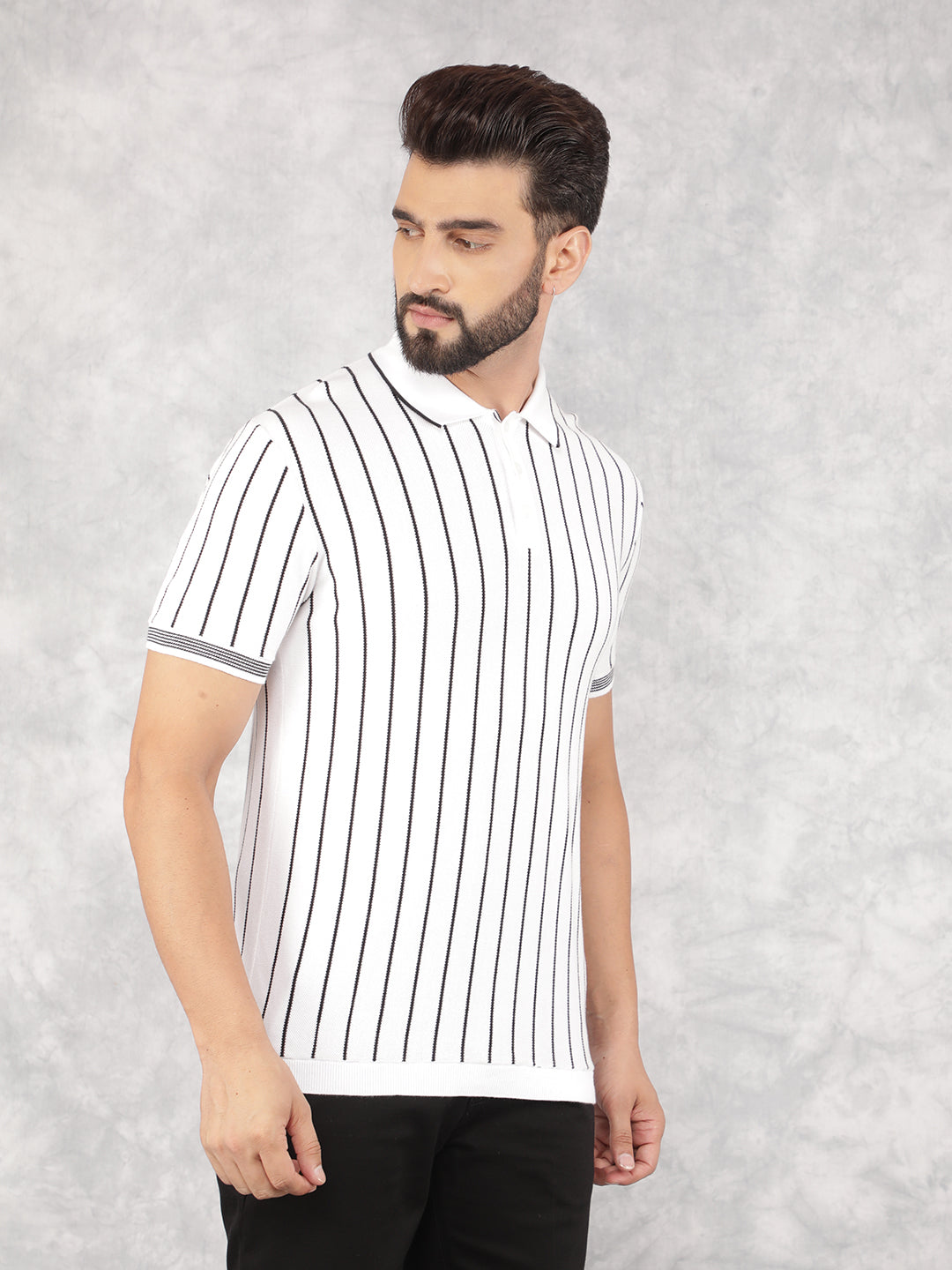 Black Vertical Striped Polo Neck T-Shirt-Men T-Shirts-Crimsoune Club