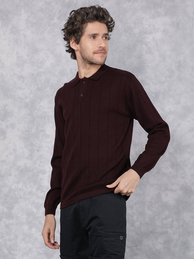 Wine Polo Neck Knitted 100% Cotton Long Sleeves T-Shirt-Men T-Shirts-Crimsoune Club