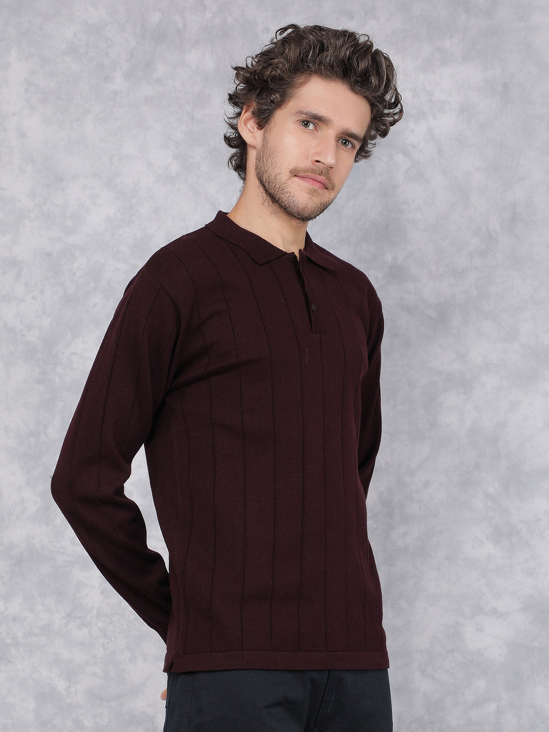 Wine Polo Neck Knitted 100% Cotton Long Sleeves T-Shirt-Men T-Shirts-Crimsoune Club