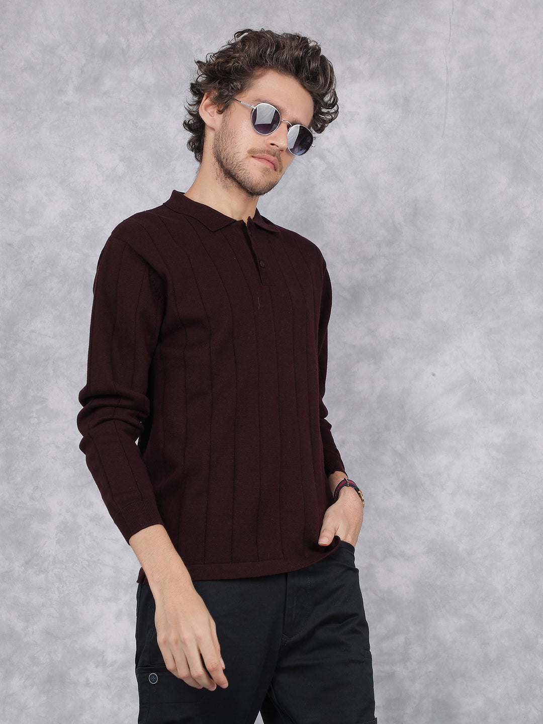 Wine Polo Neck Knitted 100% Cotton Long Sleeves T-Shirt-Men T-Shirts-Crimsoune Club