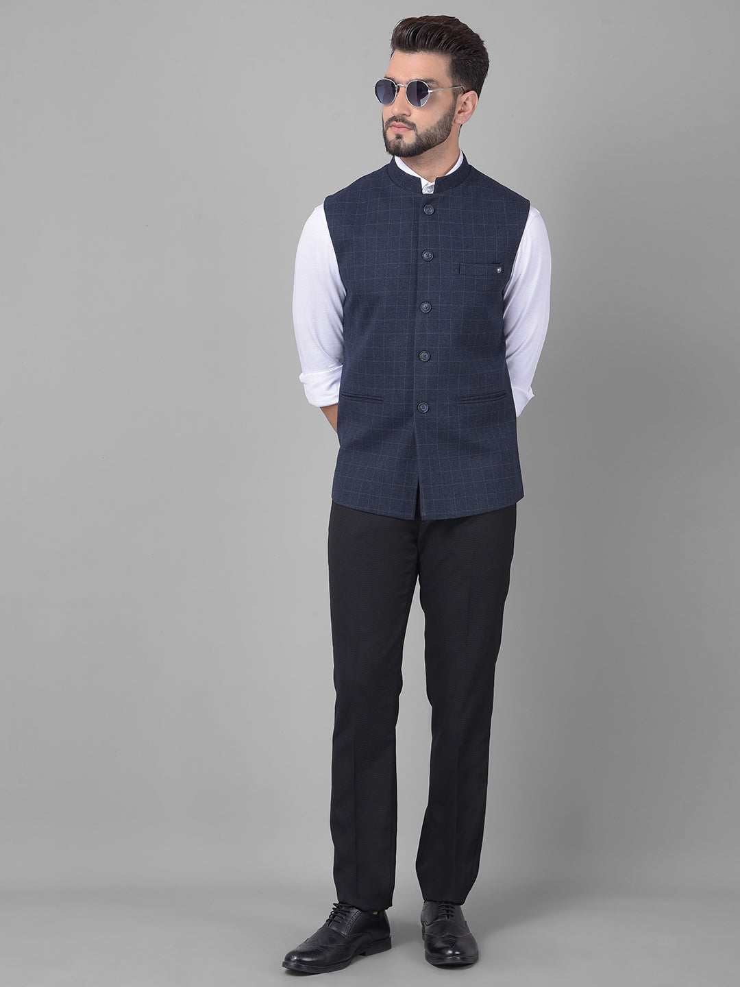 Navy Blue Checked Waistcoat-Men Waistcoats-Crimsoune Club