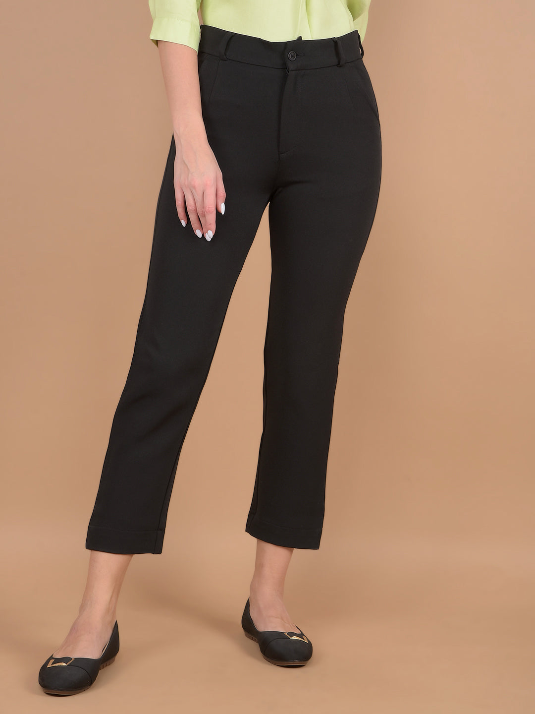 Black Straight Stretchable Trousers-Women Trousers-Crimsoune Club