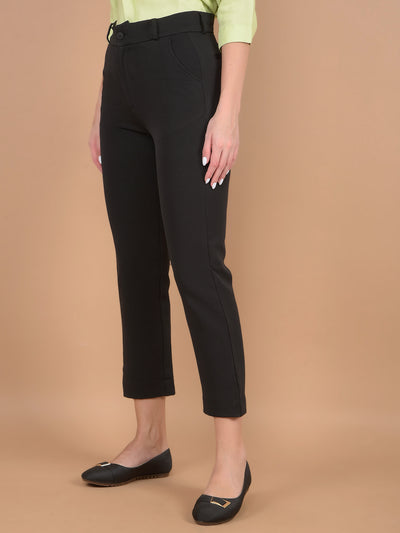 Black Straight Stretchable Trousers-Women Trousers-Crimsoune Club