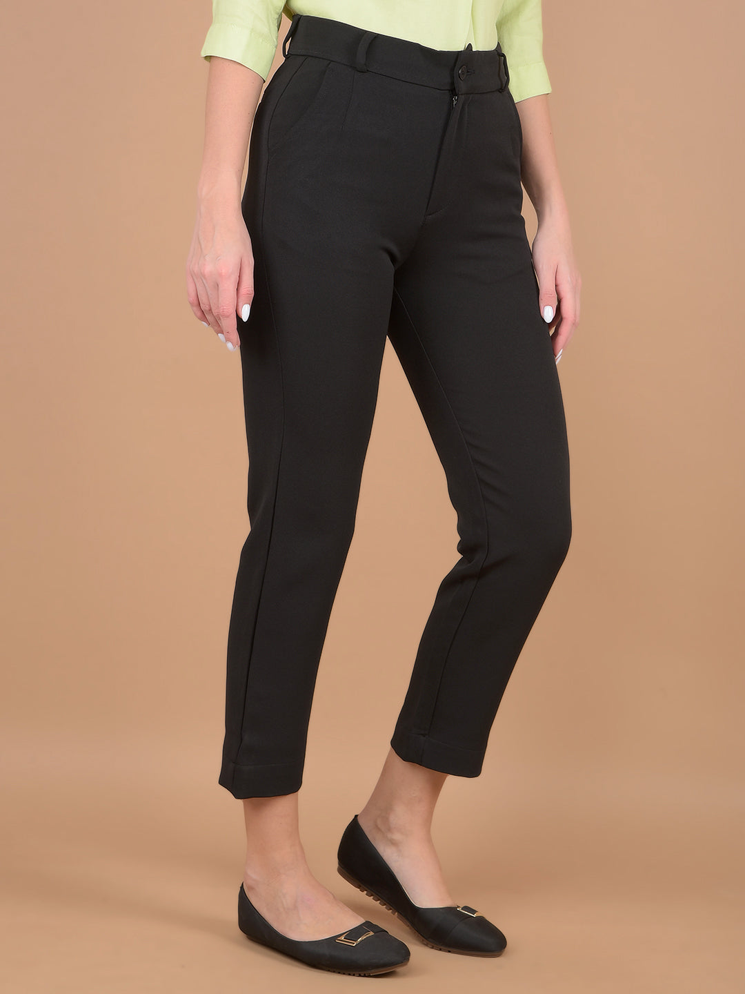 Black Straight Stretchable Trousers-Women Trousers-Crimsoune Club