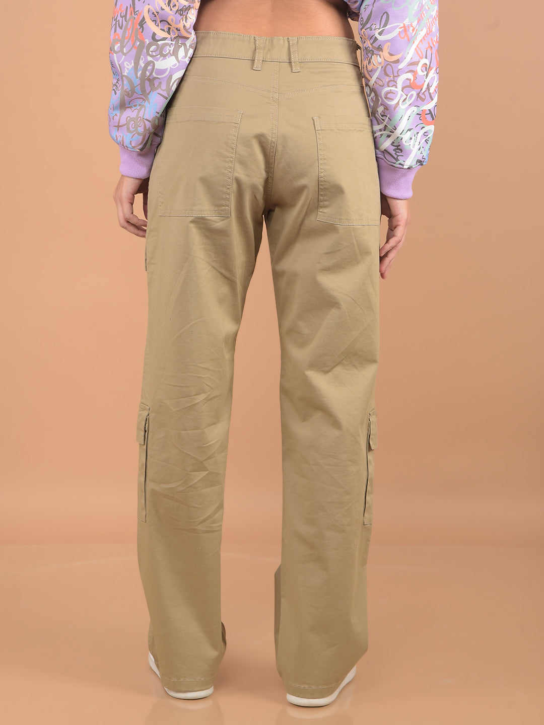 Khaki Loose Fit Cargo Trousers-Women Trousers-Crimsoune Club