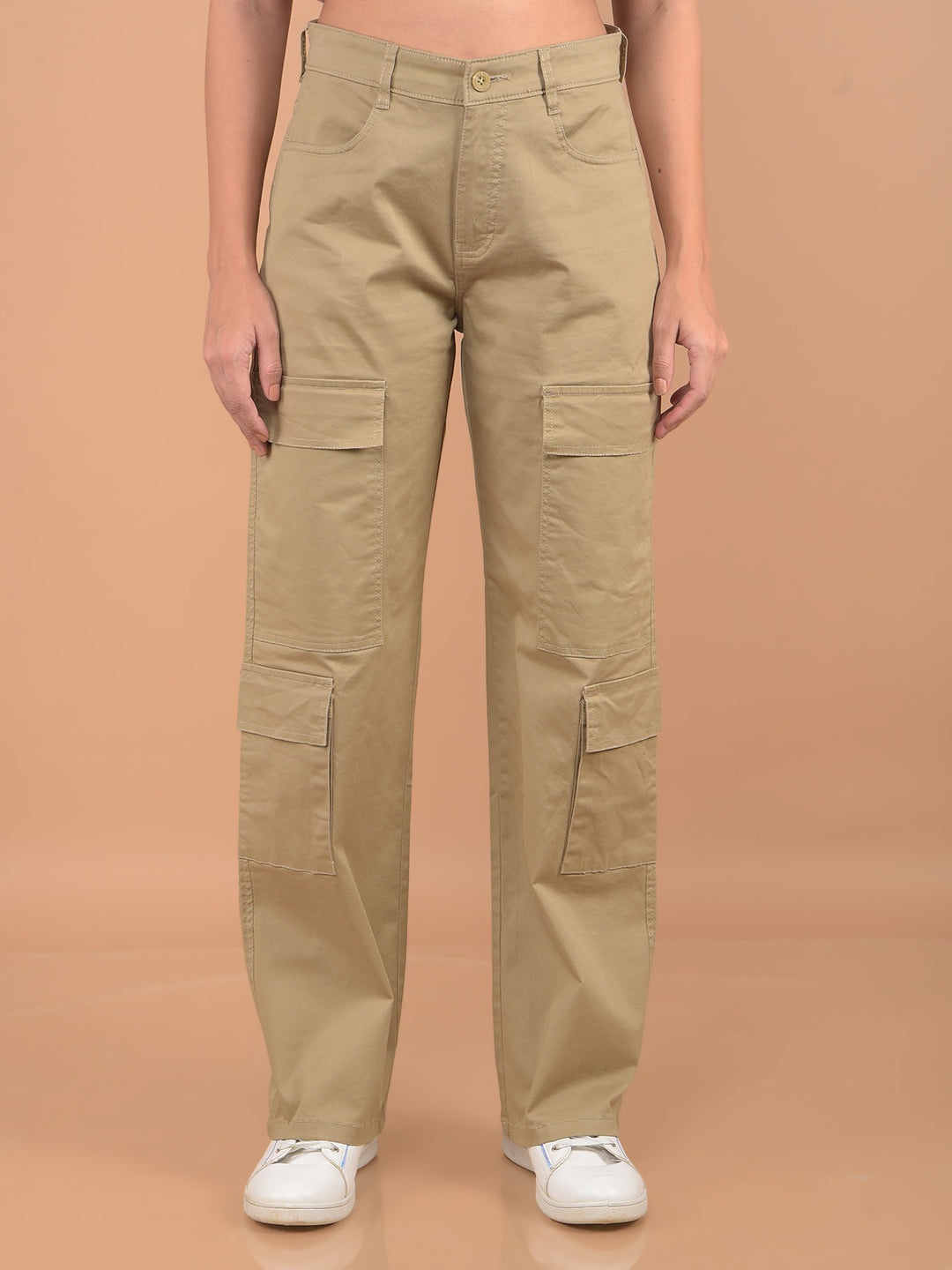 Khaki Loose Fit Cargo Trousers-Women Trousers-Crimsoune Club