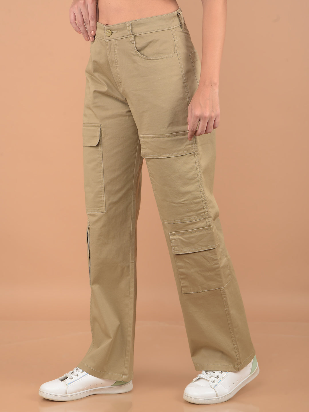 Khaki Loose Fit Cargo Trousers-Women Trousers-Crimsoune Club