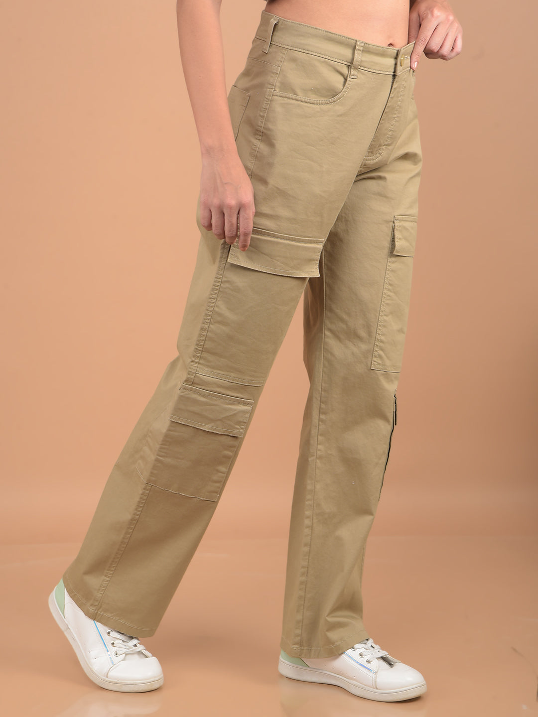 Khaki Loose Fit Cargo Trousers-Women Trousers-Crimsoune Club