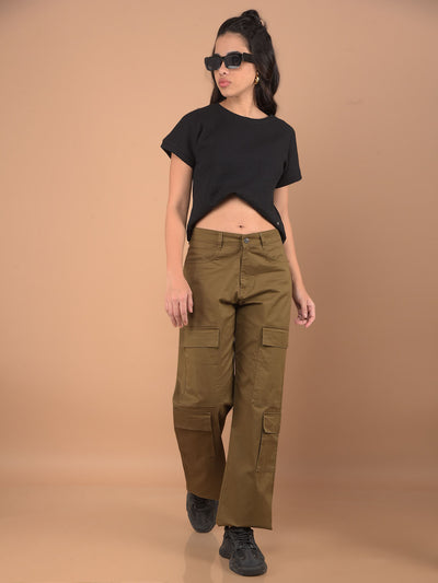 Brown Loose Fit Cargo Trousers-Women Trousers-Crimsoune Club