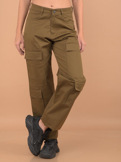 Brown Loose Fit Cargo Trousers-Women Trousers-Crimsoune Club