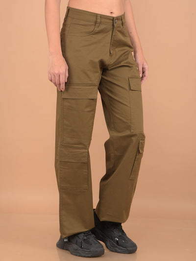 Brown Loose Fit Cargo Trousers-Women Trousers-Crimsoune Club