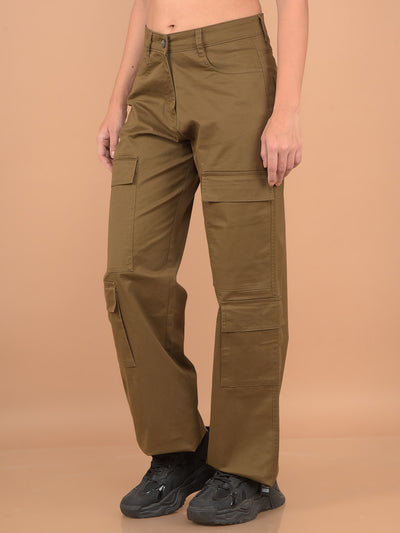 Brown Loose Fit Cargo Trousers-Women Trousers-Crimsoune Club