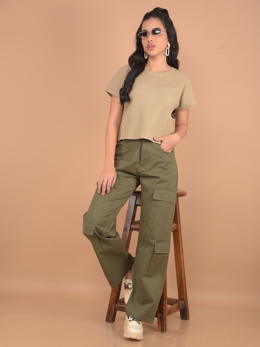 Olive Loose Fit Cargo Trousers-Women Trousers-Crimsoune Club