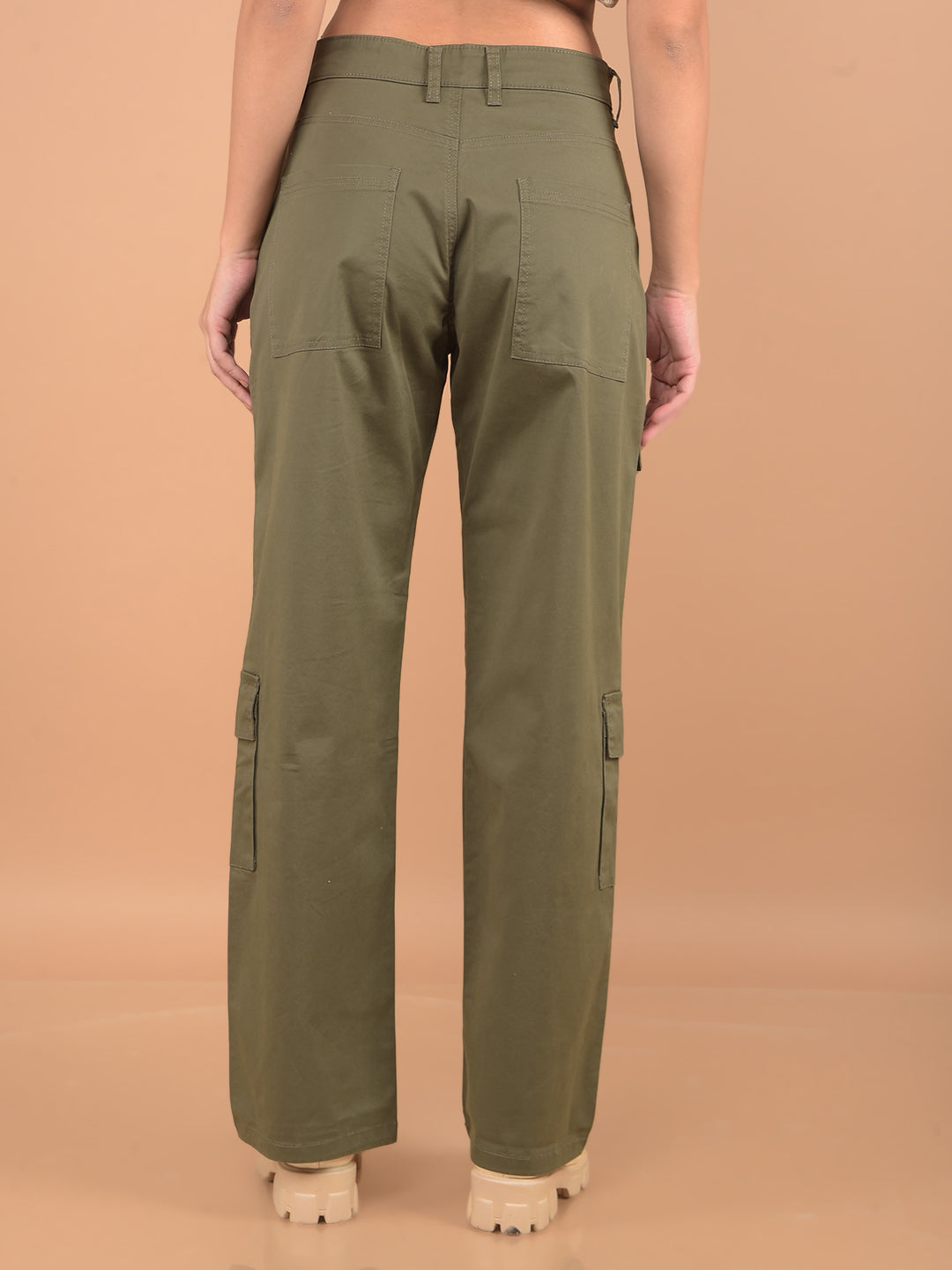 Olive Loose Fit Cargo Trousers-Women Trousers-Crimsoune Club