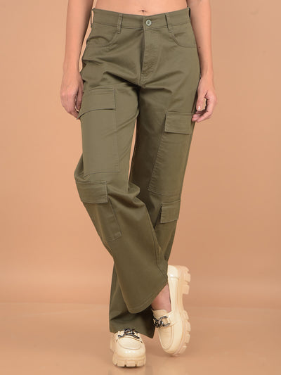 Olive Loose Fit Cargo Trousers-Women Trousers-Crimsoune Club