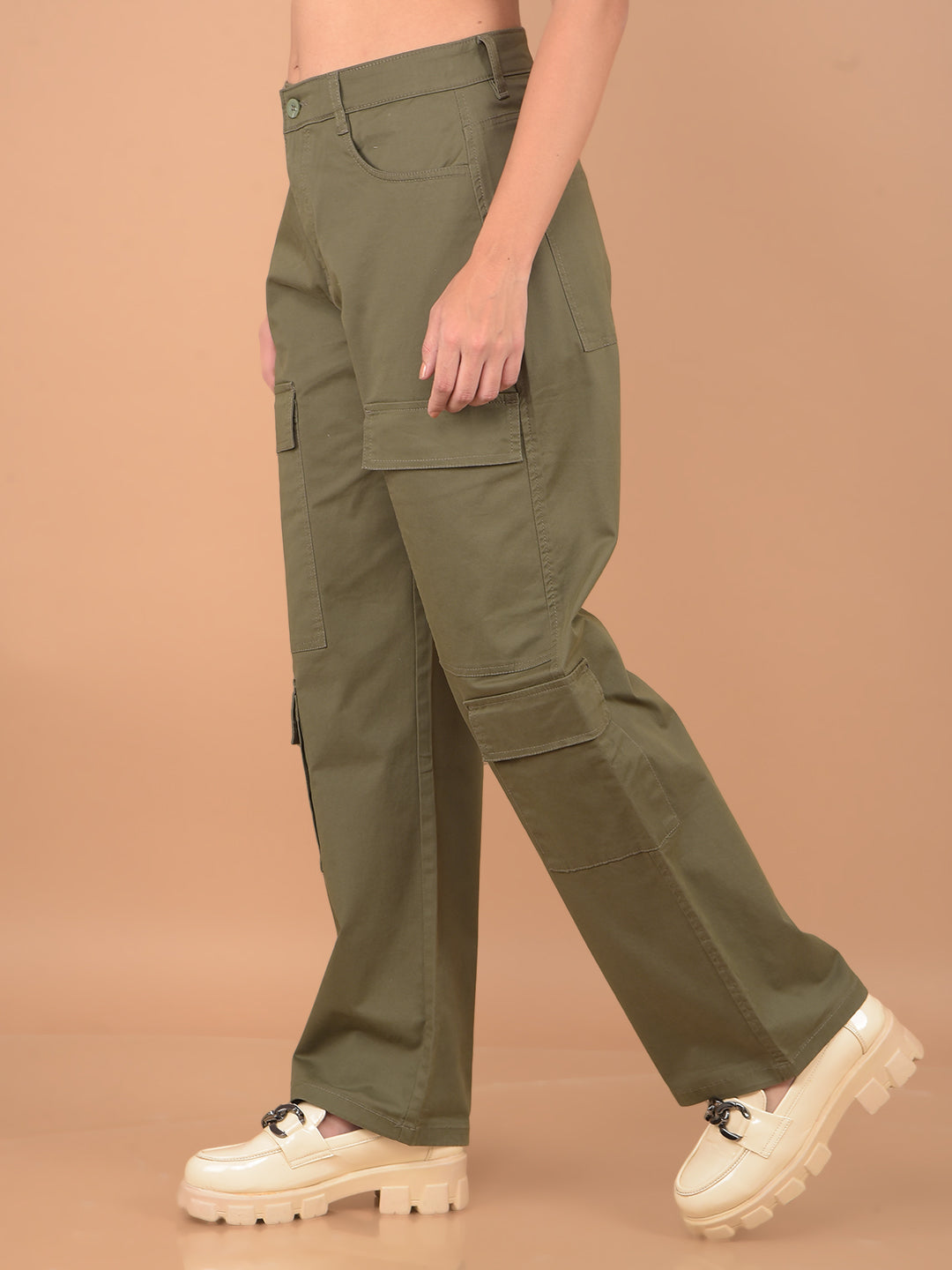 Olive Loose Fit Cargo Trousers-Women Trousers-Crimsoune Club