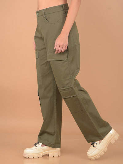 Olive Loose Fit Cargo Trousers-Women Trousers-Crimsoune Club