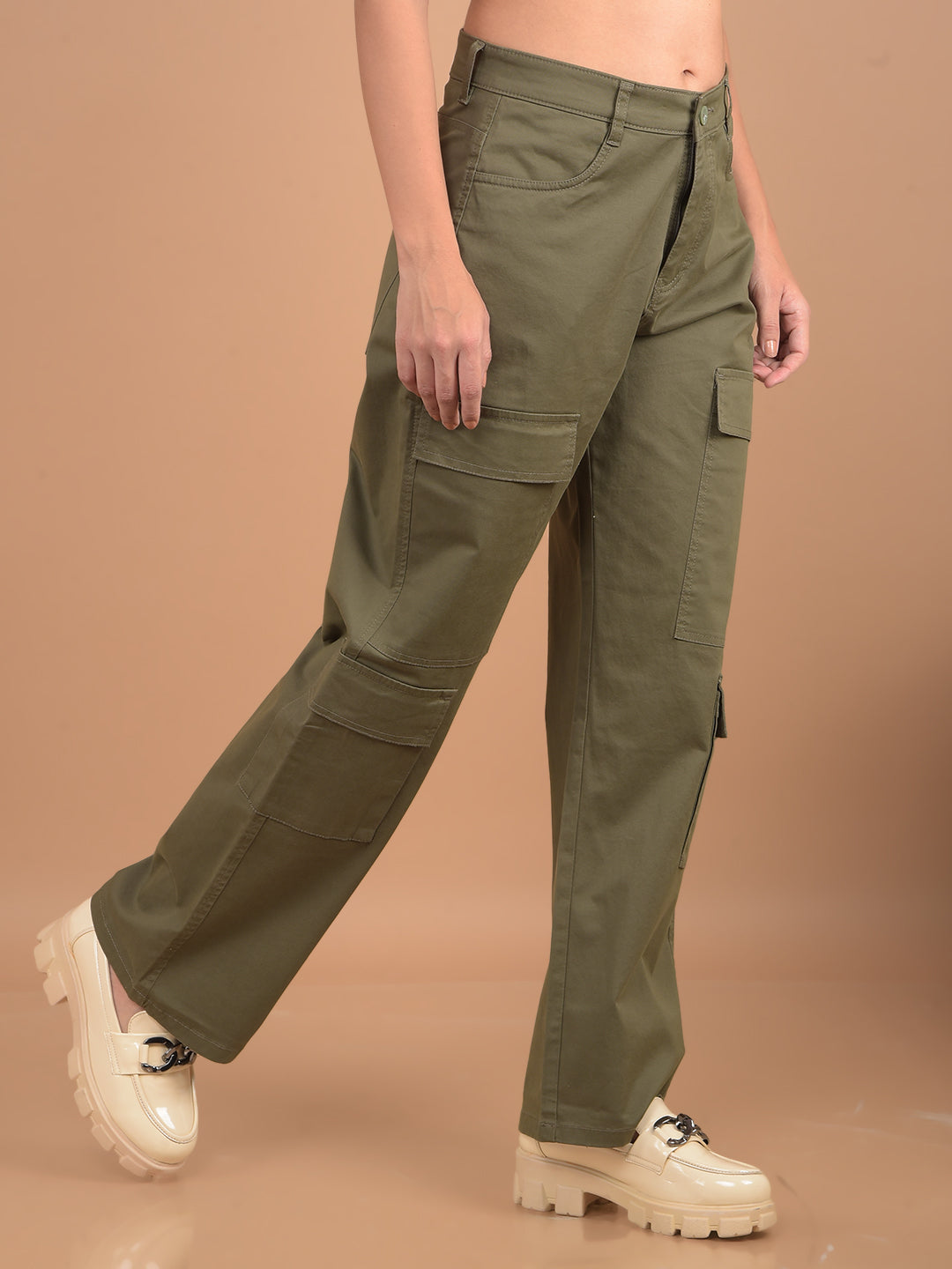 Olive Loose Fit Cargo Trousers-Women Trousers-Crimsoune Club