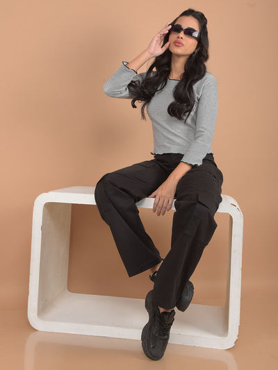 Black Loose Fit Cargo Trousers-Women Trousers-Crimsoune Club