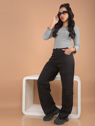 Black Loose Fit Cargo Trousers-Women Trousers-Crimsoune Club