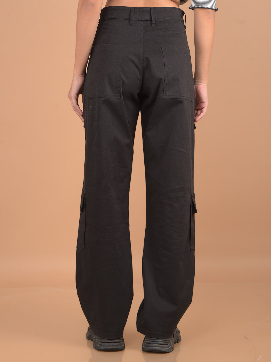 Black Loose Fit Cargo Trousers-Women Trousers-Crimsoune Club