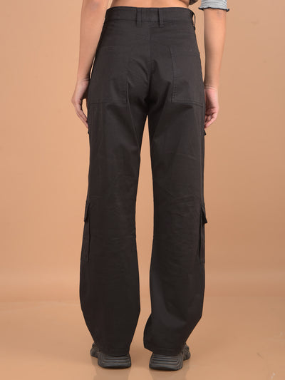 Black Loose Fit Cargo Trousers-Women Trousers-Crimsoune Club