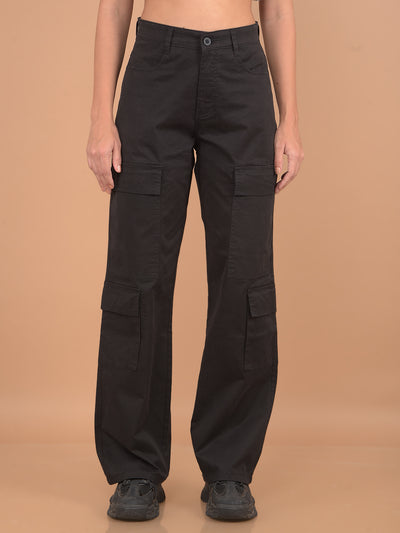 Black Loose Fit Cargo Trousers-Women Trousers-Crimsoune Club