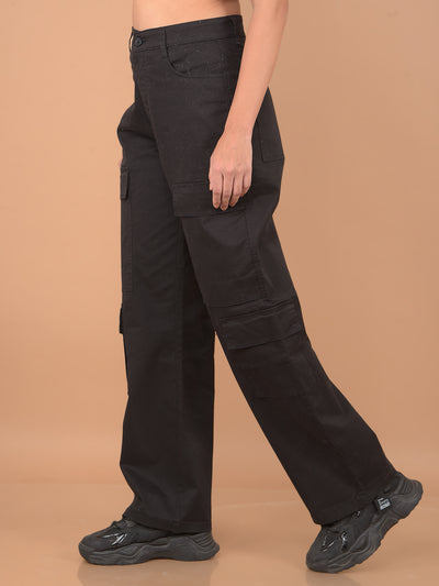 Black Loose Fit Cargo Trousers-Women Trousers-Crimsoune Club