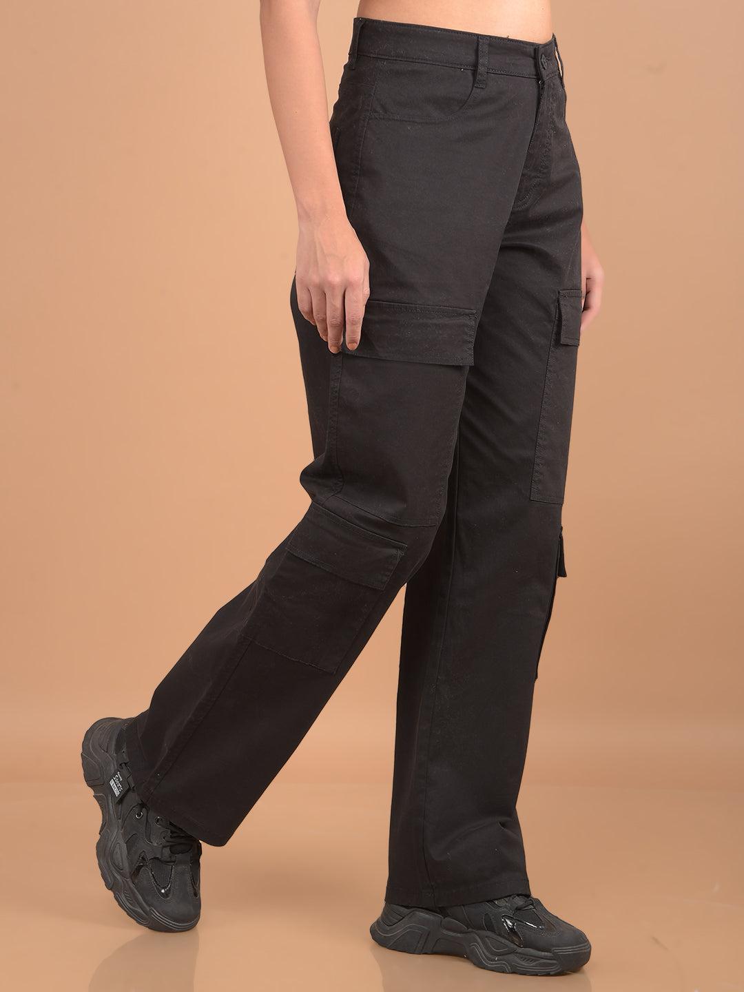 Black Loose Fit Cargo Trousers-Women Trousers-Crimsoune Club