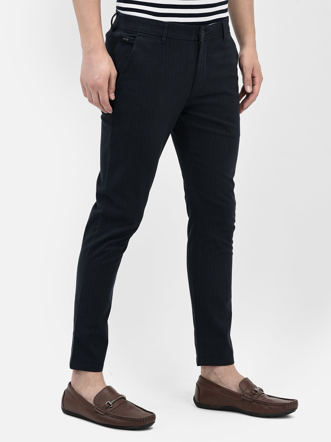 Navy Blue Striped Chinos Trousers-Men Trousers-Crimsoune Club