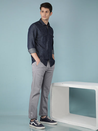 Grey Printed Dobby Straight Trousers-Men Trousers-Crimsoune Club