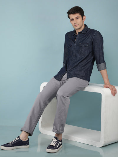 Grey Printed Dobby Straight Trousers-Men Trousers-Crimsoune Club